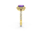 Yellow gold Emerald Cut Tanzanite Scalloped Halo Engagement Ring with Round Shared Prong Band_26