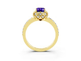 Yellow gold Emerald Cut Tanzanite Scalloped Halo Engagement Ring with Round Shared Prong Band_27