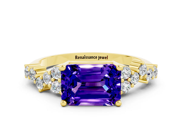 Yellow gold Emerald Cut Tanzanite Scattered Round Accent Ring with Prong Setting