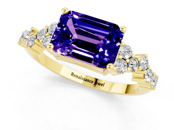 Yellow gold Emerald Cut Tanzanite Scattered Round Accent Ring with Prong Setting
