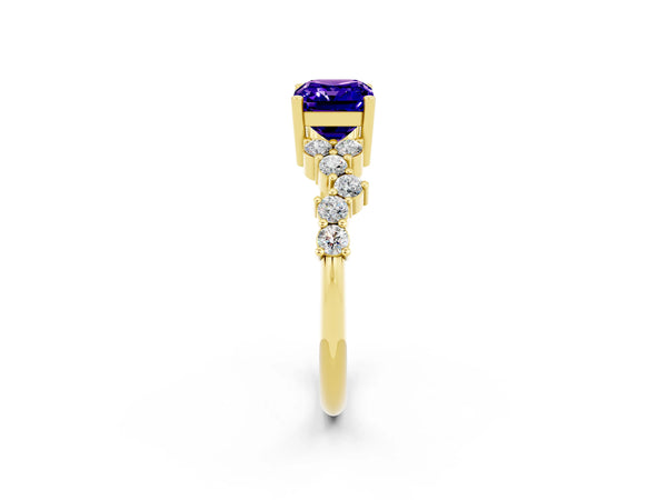 Yellow gold Emerald Cut Tanzanite Scattered Round Accent Ring with Prong Setting