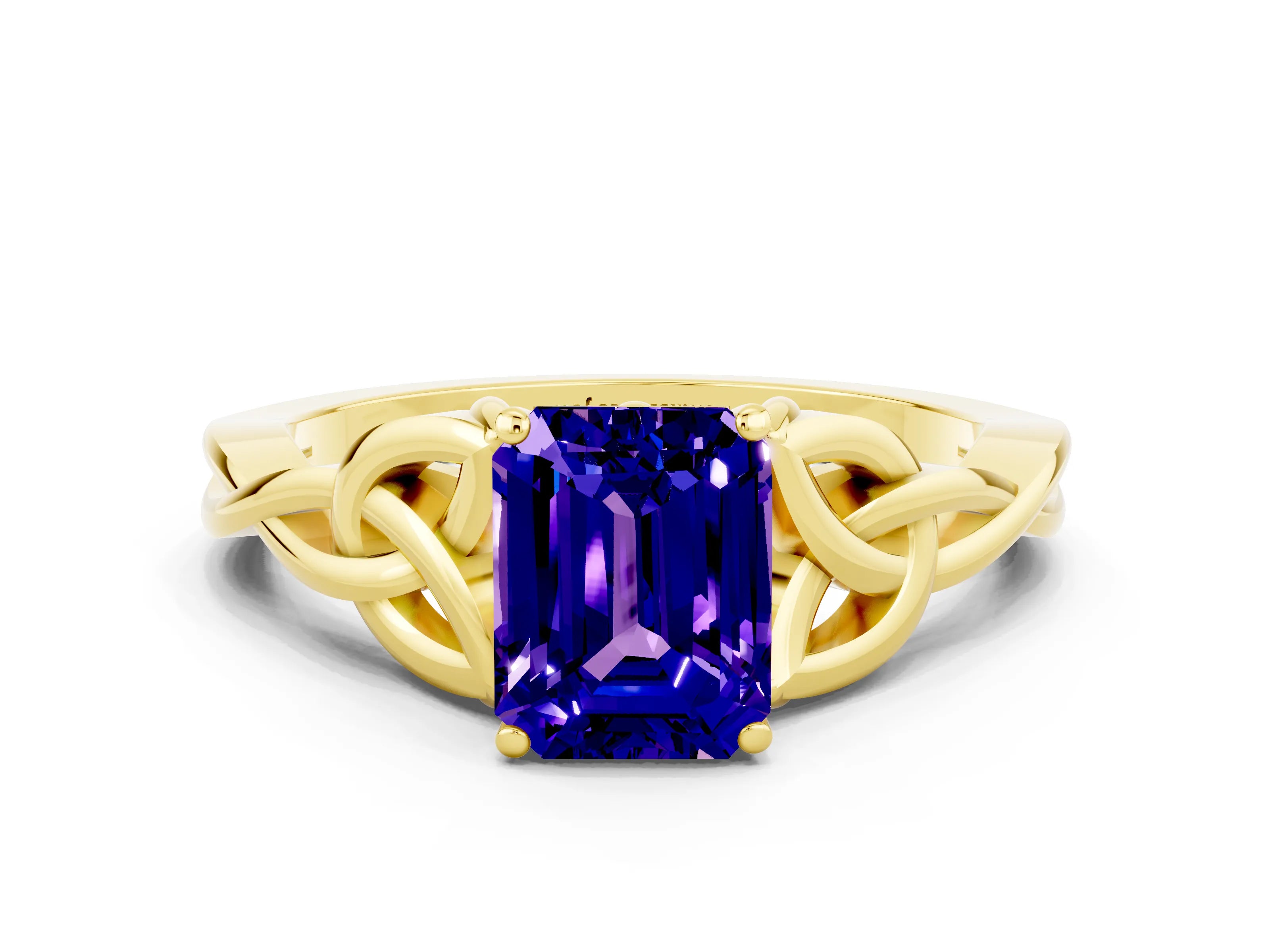 Yellow gold Emerald Cut Tanzanite Solitaire Celtic Knot Ring with Four-Prong Setting_12