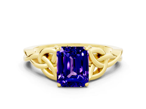 Yellow gold Emerald Cut Tanzanite Solitaire Celtic Knot Ring with Four-Prong Setting_12
