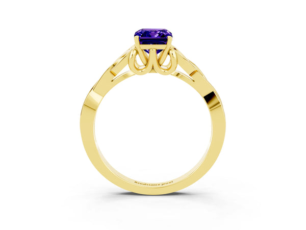 Yellow gold Emerald Cut Tanzanite Solitaire Celtic Knot Ring with Four-Prong Setting