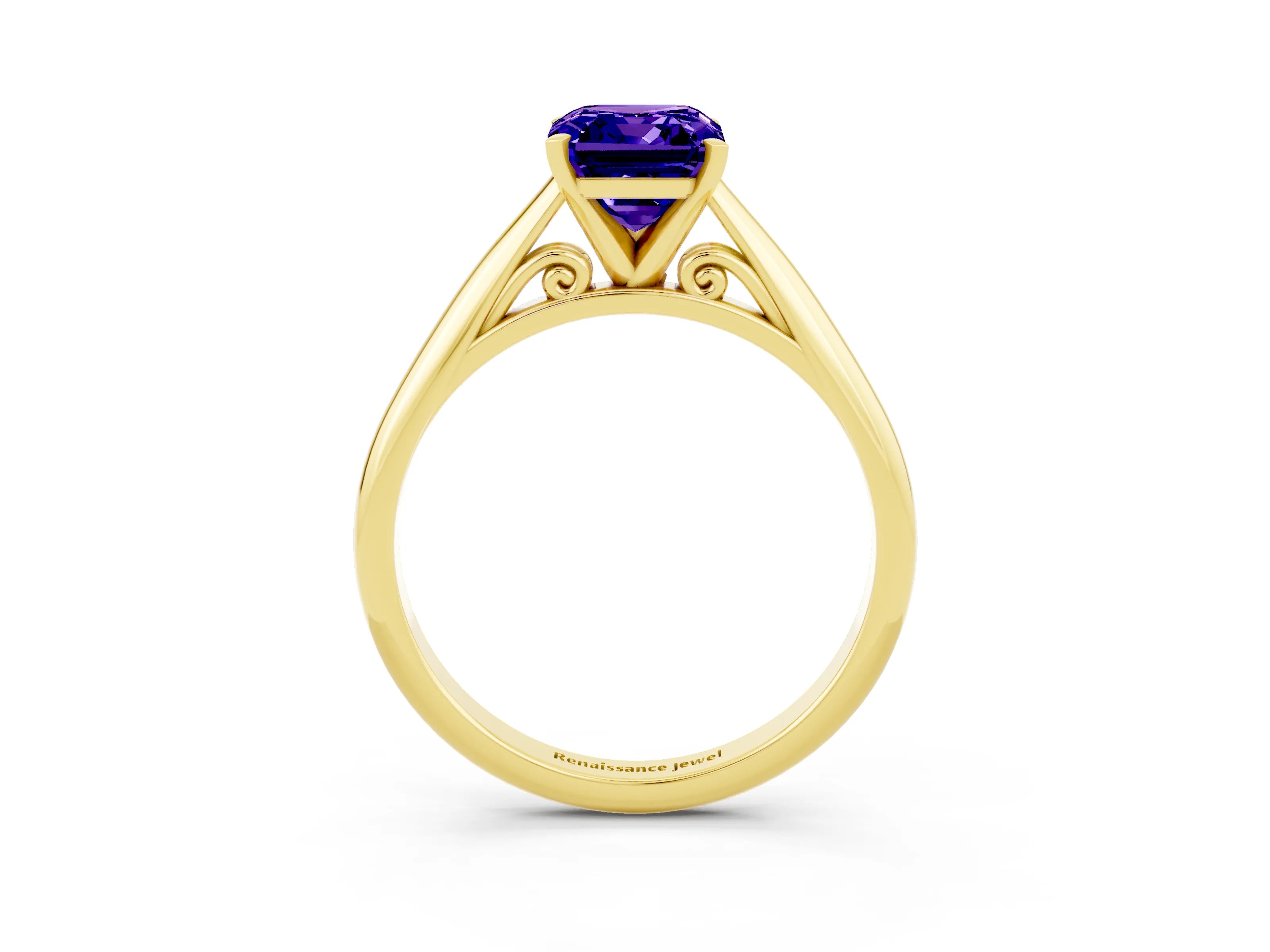 Yellow gold Emerald Cut Tanzanite Solitaire Engagement Ring with Cathedral Setting and Four-Prong Mount_15
