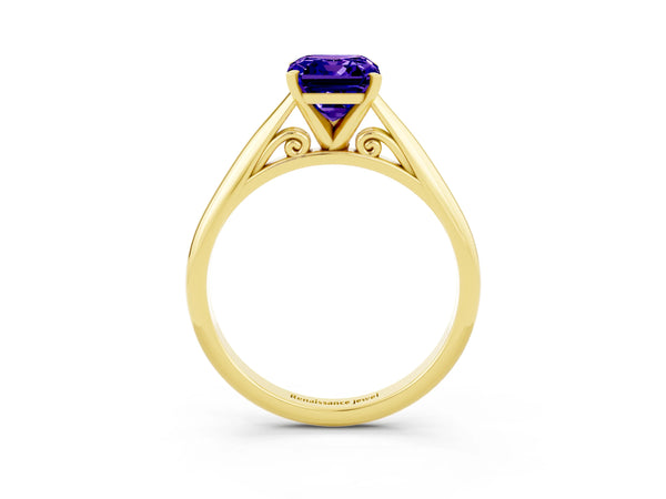 Yellow gold Emerald Cut Tanzanite Solitaire Engagement Ring with Cathedral Setting and Four-Prong Mount