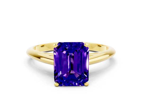 Yellow gold Emerald Cut Tanzanite Solitaire Engagement Ring with Cathedral Setting and Four-Prong Mount