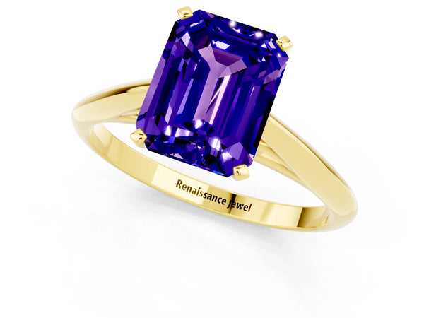Yellow gold Emerald Cut Tanzanite Solitaire Engagement Ring with Cathedral Setting and Four-Prong Mount