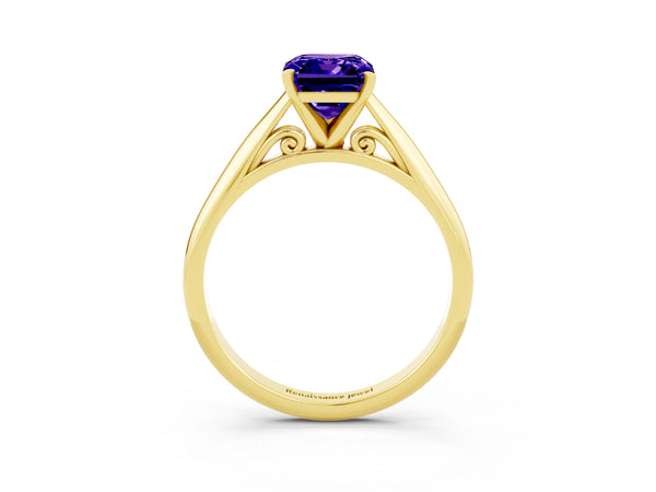 Yellow gold Emerald Cut Tanzanite Solitaire Engagement Ring with Cathedral Setting and Four-Prong Mount