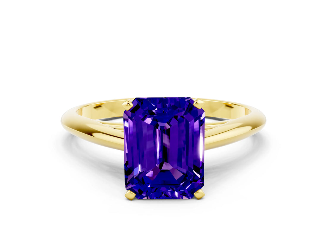 Yellow gold Emerald Cut Tanzanite Solitaire Engagement Ring with Cathedral Setting and Four-Prong Mount_66