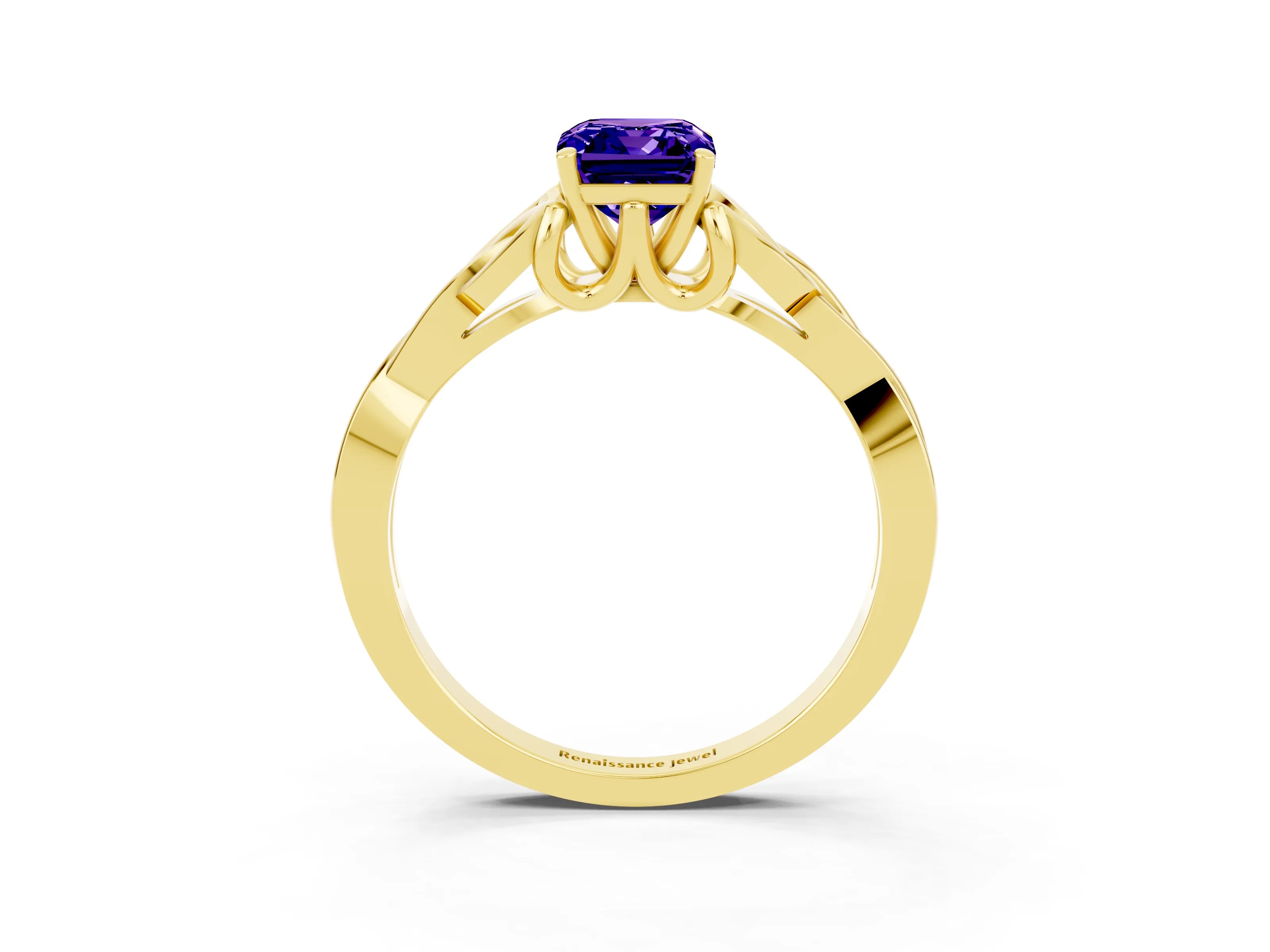 Yellow gold Emerald Cut Tanzanite Solitaire Engagement Ring with Celtic Knot Band and Four-Prong Setting_3