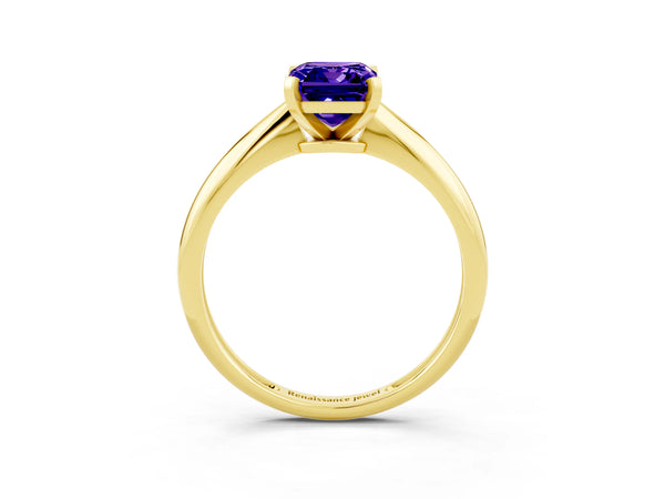 Yellow gold Emerald Cut Tanzanite Solitaire Engagement Ring with Classic Band and Four-Prong Setting