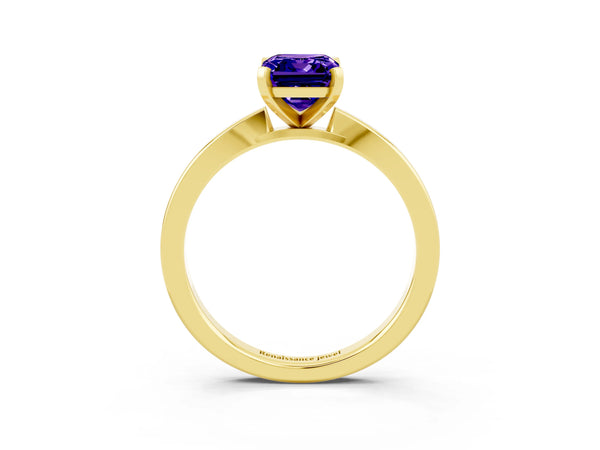 Yellow gold Emerald Cut Tanzanite Solitaire Engagement Ring with Classic Band and Four-Prong Setting
