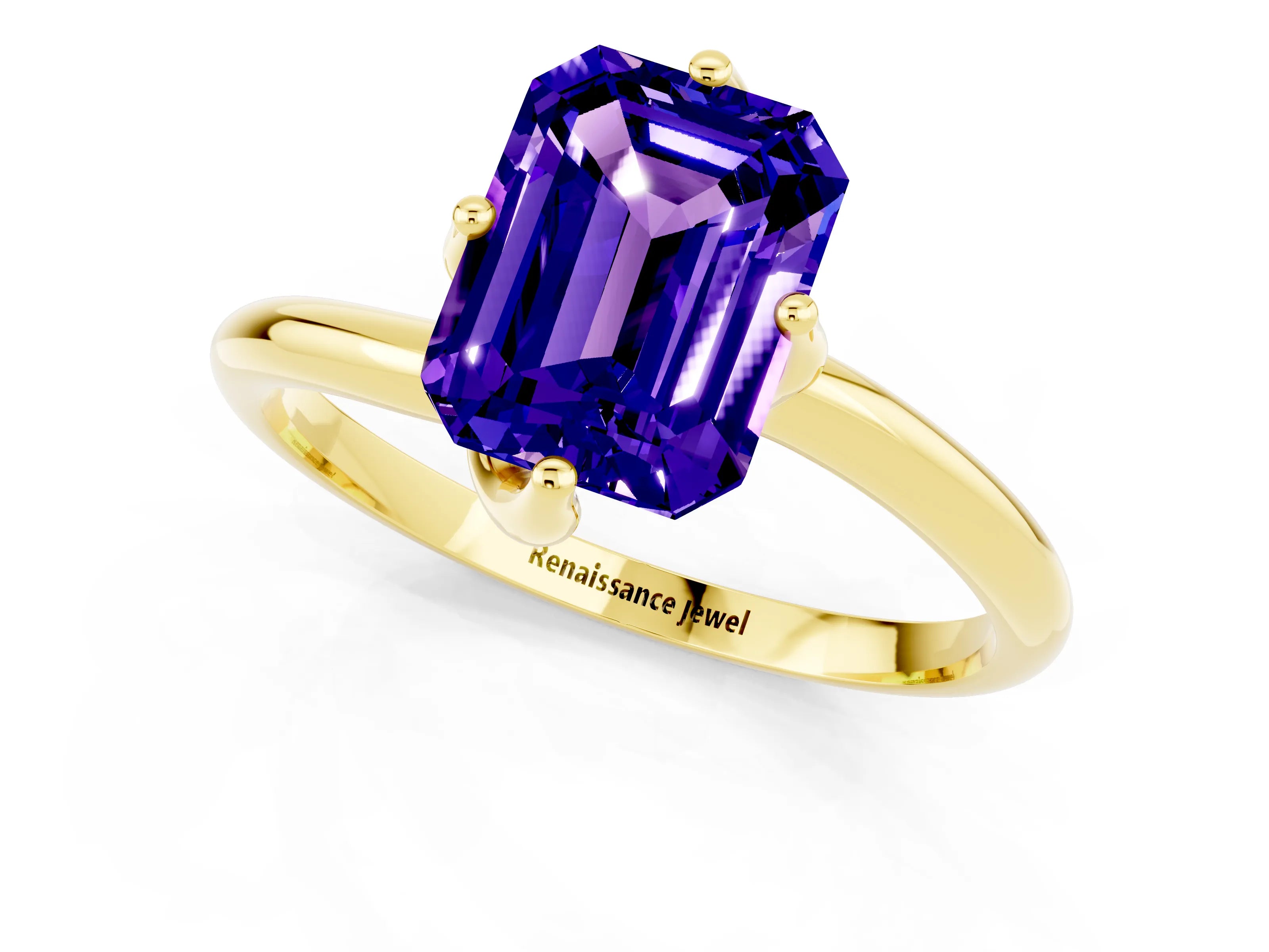 Yellow gold Emerald Cut Tanzanite Solitaire Engagement Ring with Four-Prong Setting and Classic Band_13