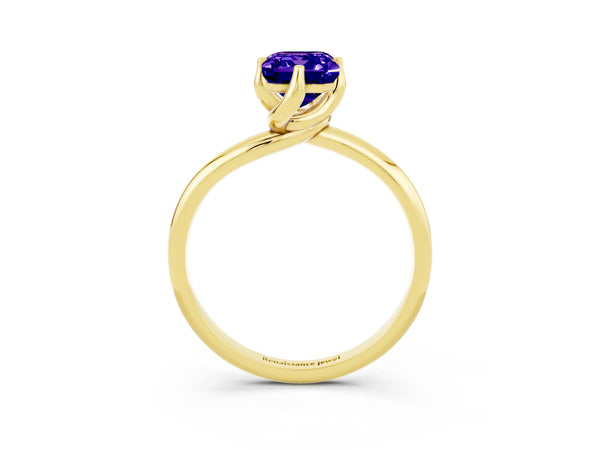 Yellow gold Emerald Cut Tanzanite Solitaire Engagement Ring with Four-Prong Setting and Classic Band