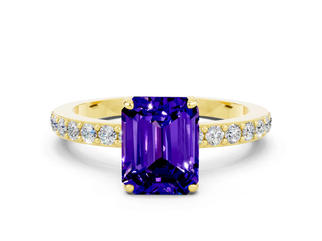 Yellow gold Emerald Cut Tanzanite Solitaire Engagement Ring with Pavé Band and Four-Prong Setting
