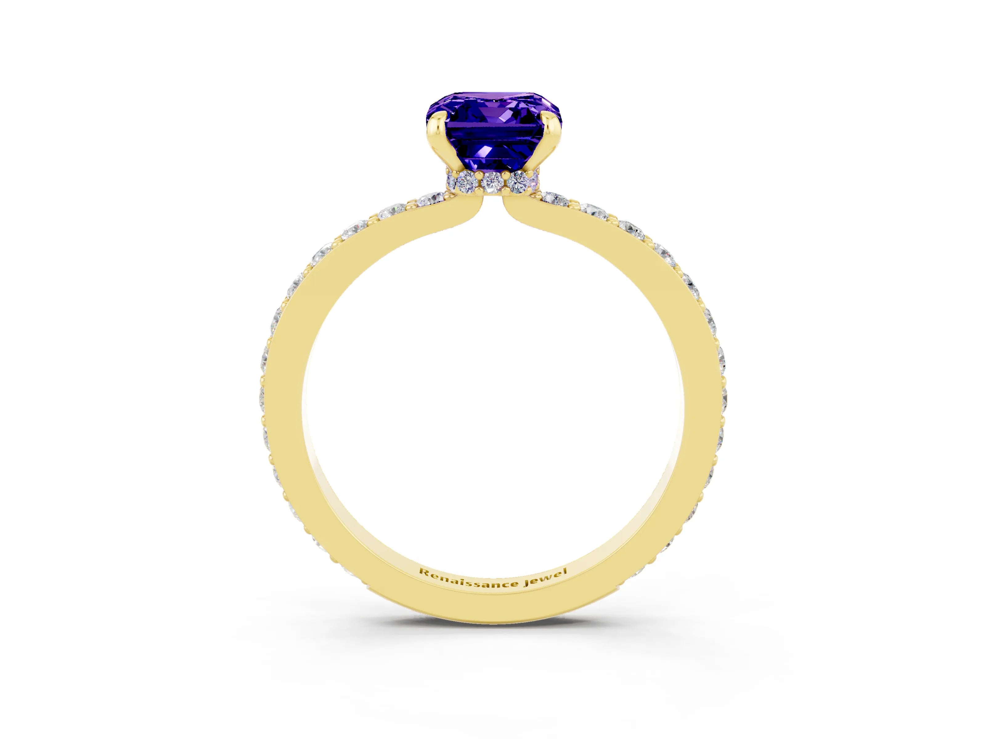 Yellow gold Emerald Cut Tanzanite Solitaire Engagement Ring with Pavé Band and Four-Prong Setting_3