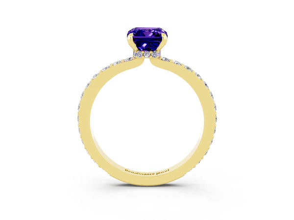 Yellow gold Emerald Cut Tanzanite Solitaire Engagement Ring with Pavé Band and Four-Prong Setting