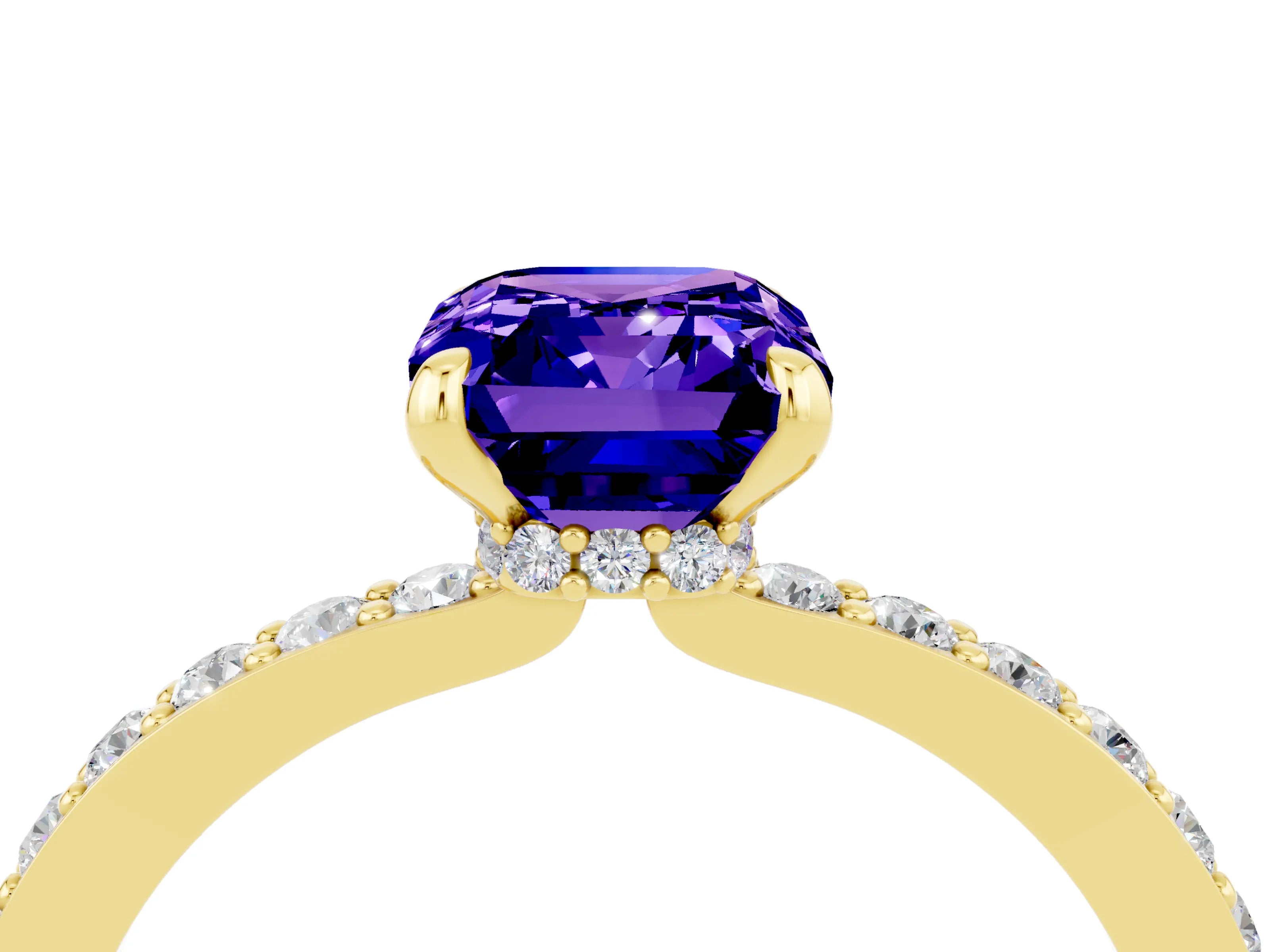 Yellow gold Emerald Cut Tanzanite Solitaire Engagement Ring with Pavé Band and Four-Prong Setting_4