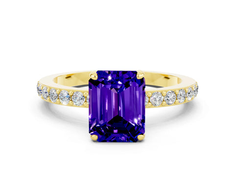 Yellow gold Emerald Cut Tanzanite Solitaire Engagement Ring with Pavé Band and Four-Prong Setting