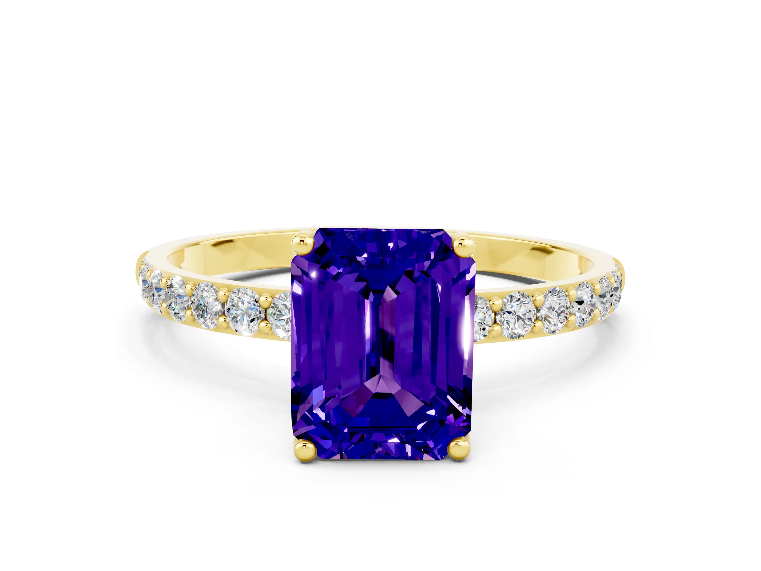 Yellow gold Emerald Cut Tanzanite Solitaire Engagement Ring with Pavé Band and Prong Setting