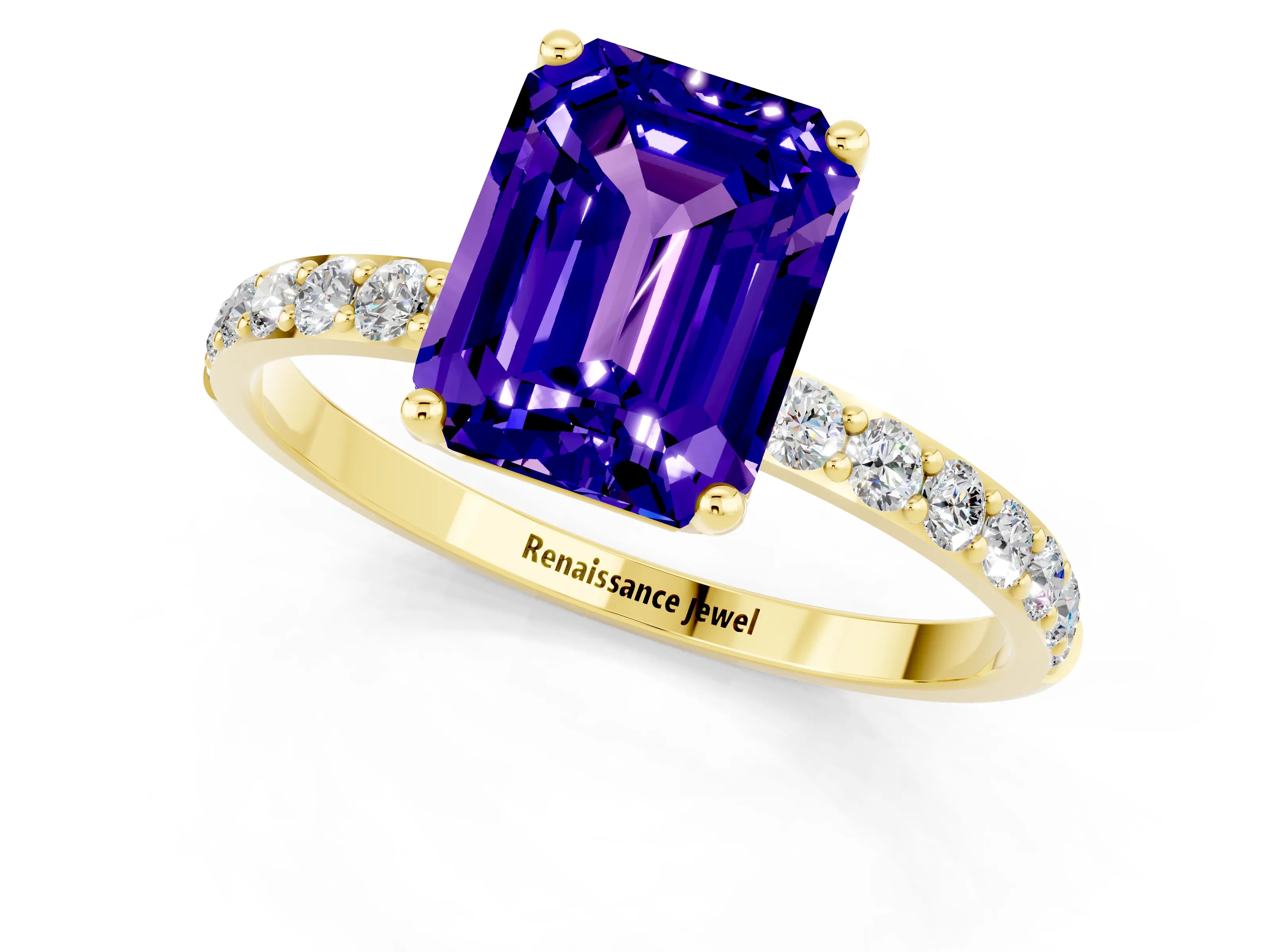Yellow gold Emerald Cut Tanzanite Solitaire Engagement Ring with Pavé Band and Prong Setting_1