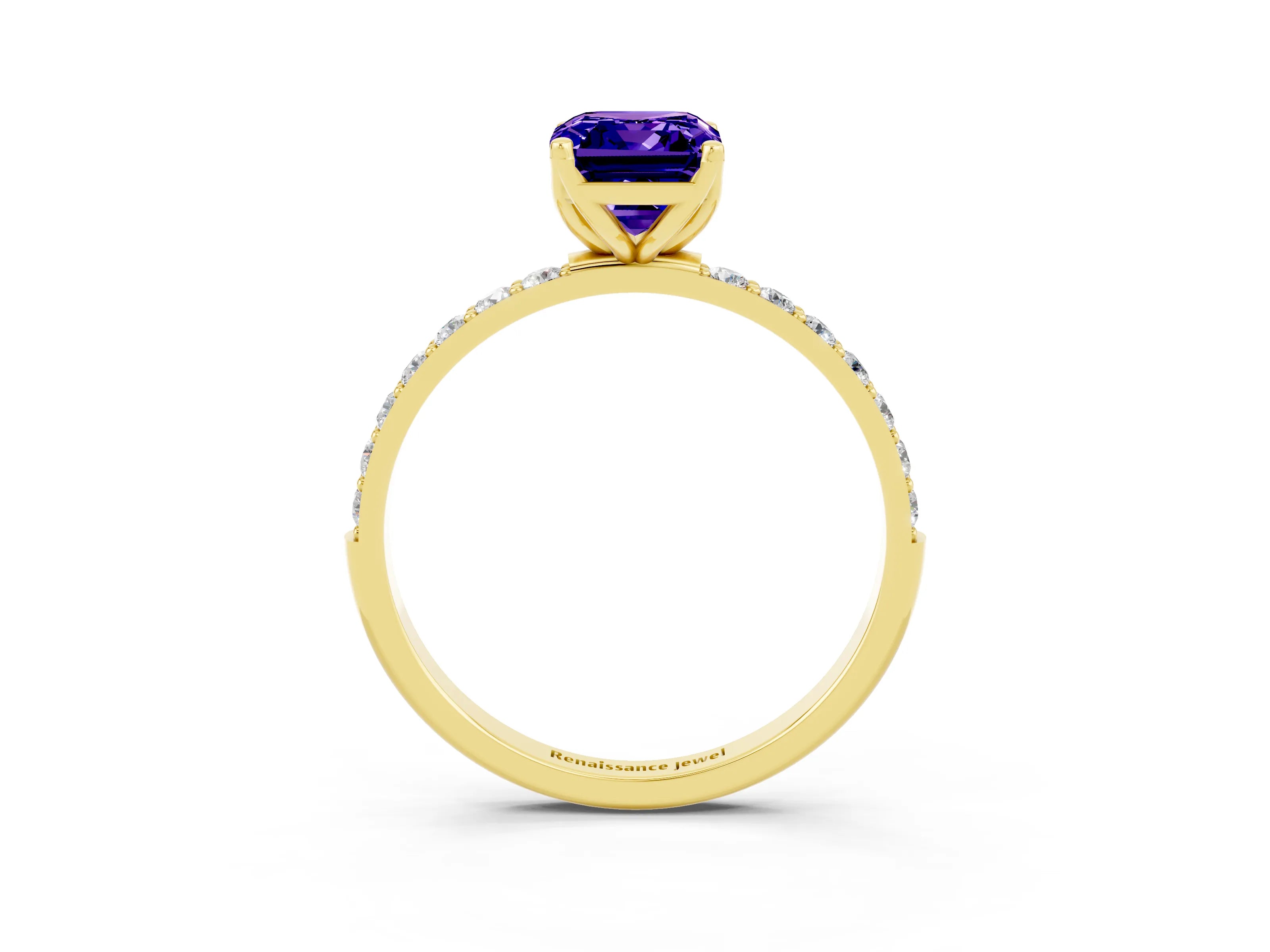 Yellow gold Emerald Cut Tanzanite Solitaire Engagement Ring with Pavé Band and Prong Setting_3