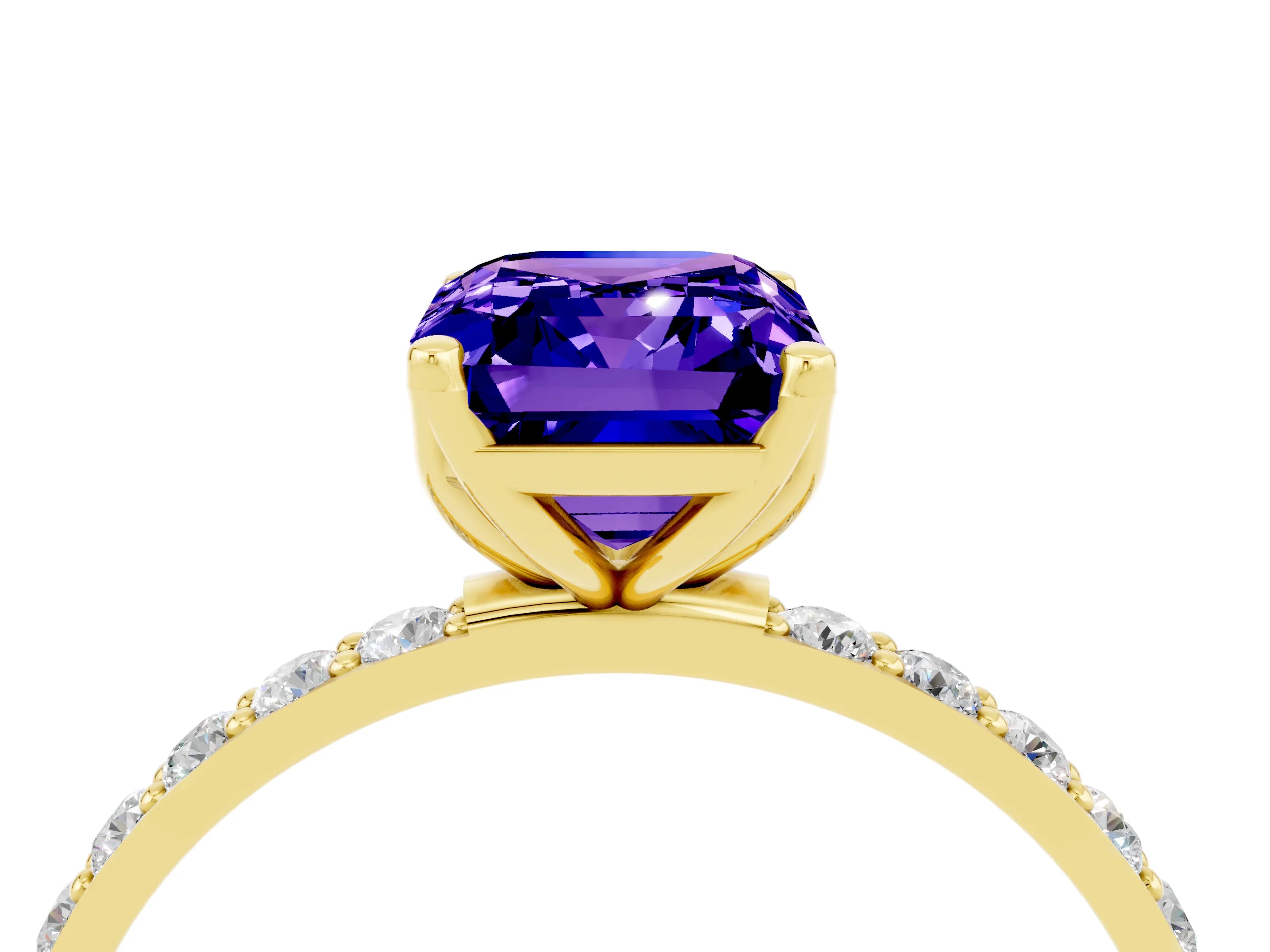 Yellow gold Emerald Cut Tanzanite Solitaire Engagement Ring with Pavé Band and Prong Setting_4