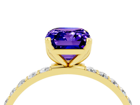 Yellow gold Emerald Cut Tanzanite Solitaire Engagement Ring with Pavé Band and Prong Setting_4