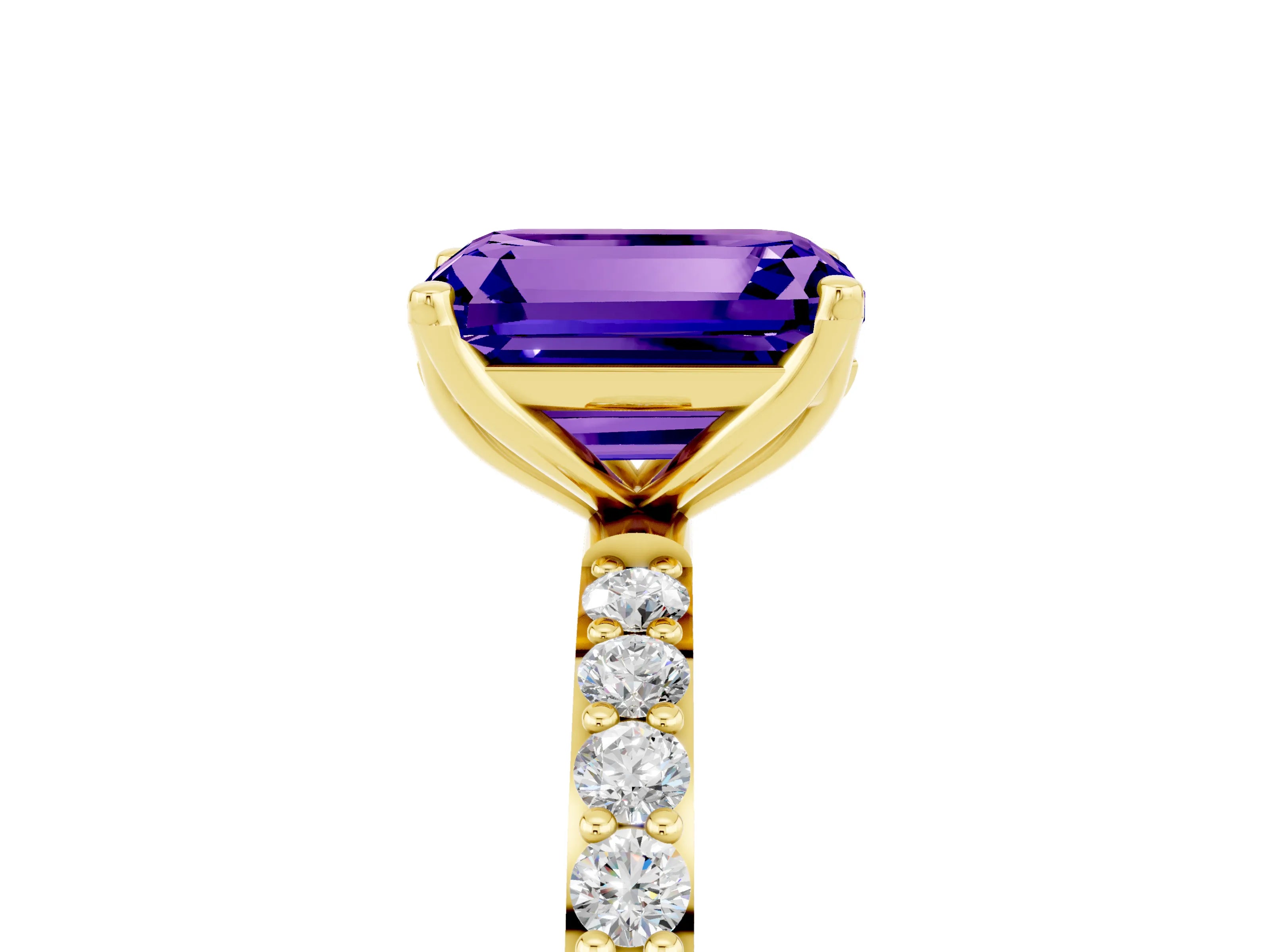 Yellow gold Emerald Cut Tanzanite Solitaire Engagement Ring with Pavé Band and Prong Setting_5