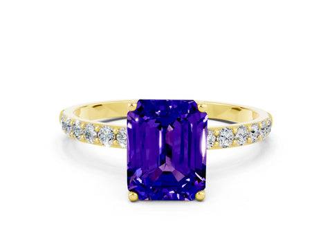 Yellow gold Emerald Cut Tanzanite Solitaire Engagement Ring with Pavé Band and Prong Setting