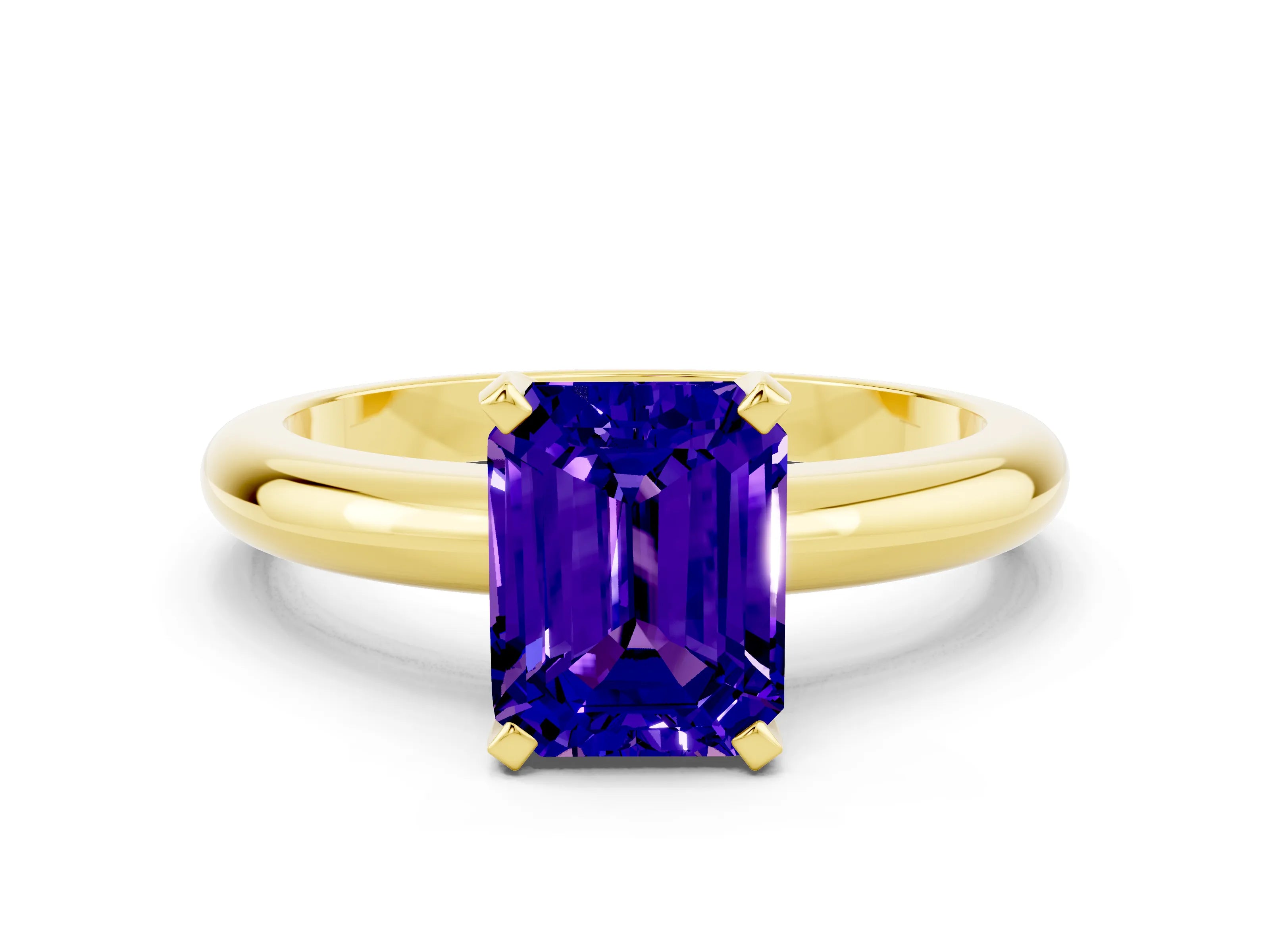 Yellow gold Emerald Cut Tanzanite Solitaire Engagement Ring with Round Band and Four-Prong Setting