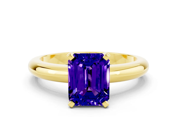 Yellow gold Emerald Cut Tanzanite Solitaire Engagement Ring with Round Band and Four-Prong Setting