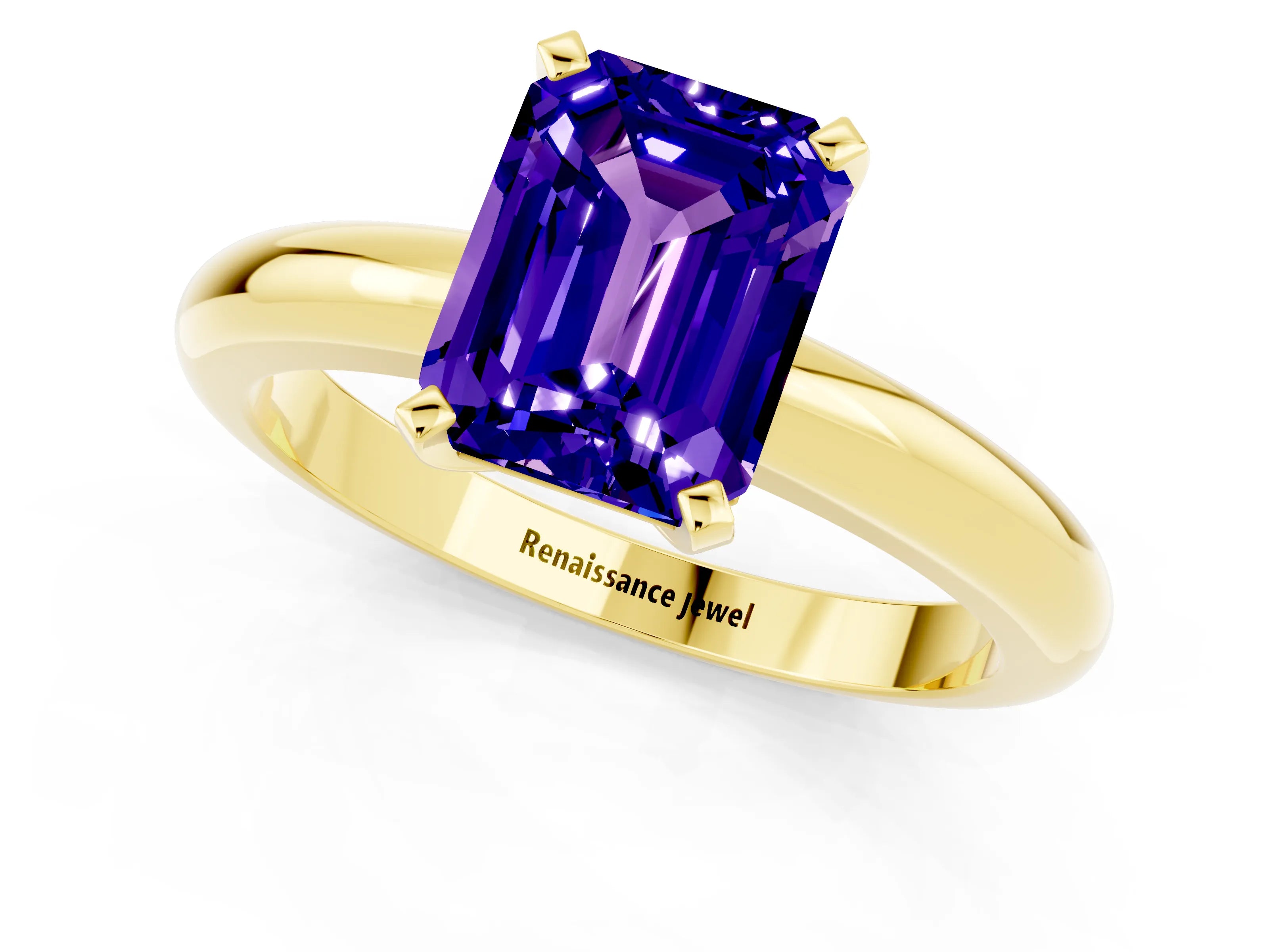 Yellow gold Emerald Cut Tanzanite Solitaire Engagement Ring with Round Band and Four-Prong Setting_1
