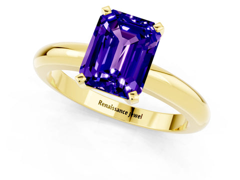 Yellow gold Emerald Cut Tanzanite Solitaire Engagement Ring with Round Band and Four-Prong Setting_1