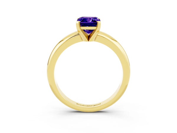 Yellow gold Emerald Cut Tanzanite Solitaire Engagement Ring with Round Band and Four-Prong Setting