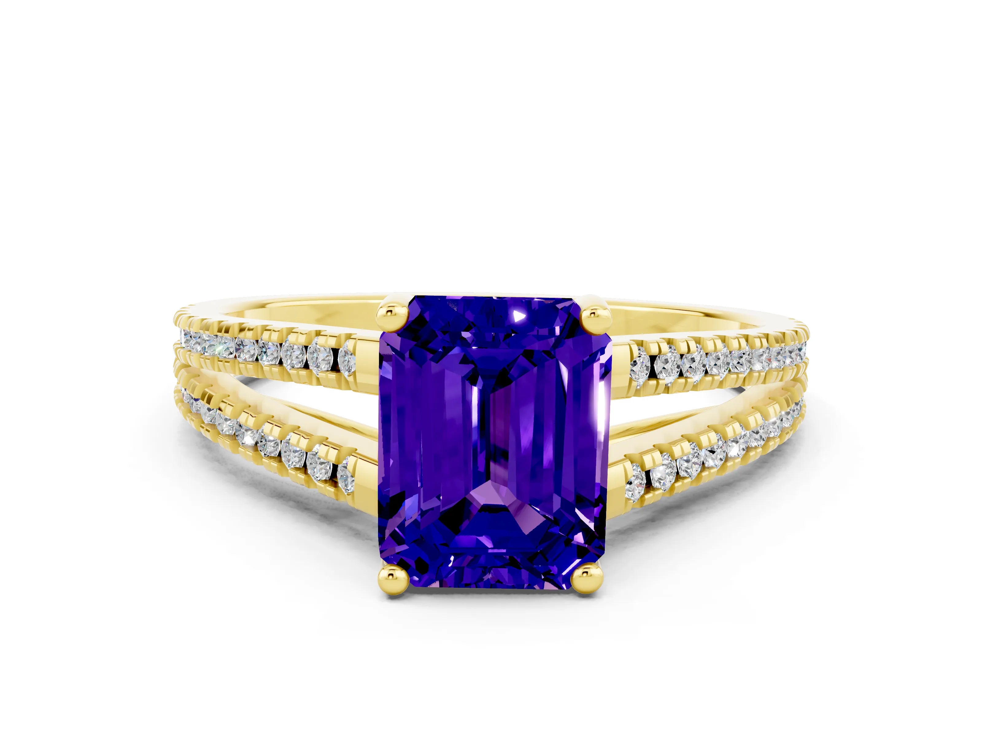 Yellow gold Emerald Cut Tanzanite Solitaire Engagement Ring with Split Shank Pavé Band