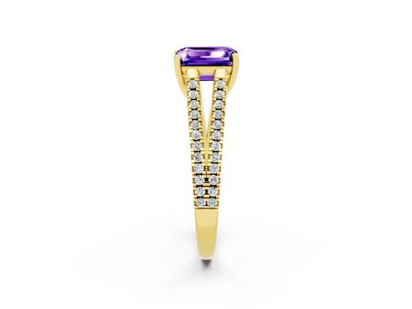 Yellow gold Emerald Cut Tanzanite Solitaire Engagement Ring with Split Shank Pavé Band
