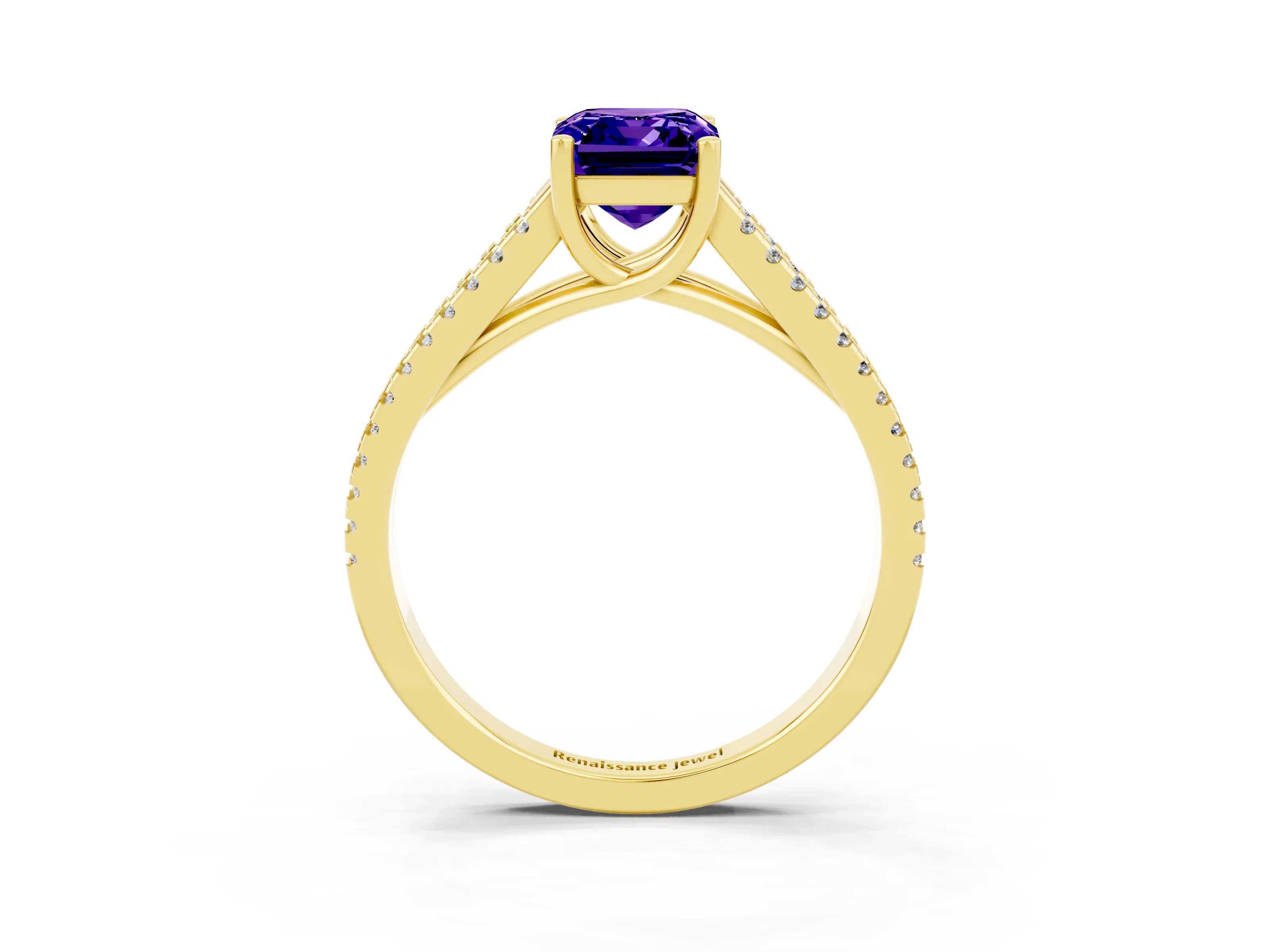 Yellow gold Emerald Cut Tanzanite Solitaire Engagement Ring with Split Shank Pavé Band_3