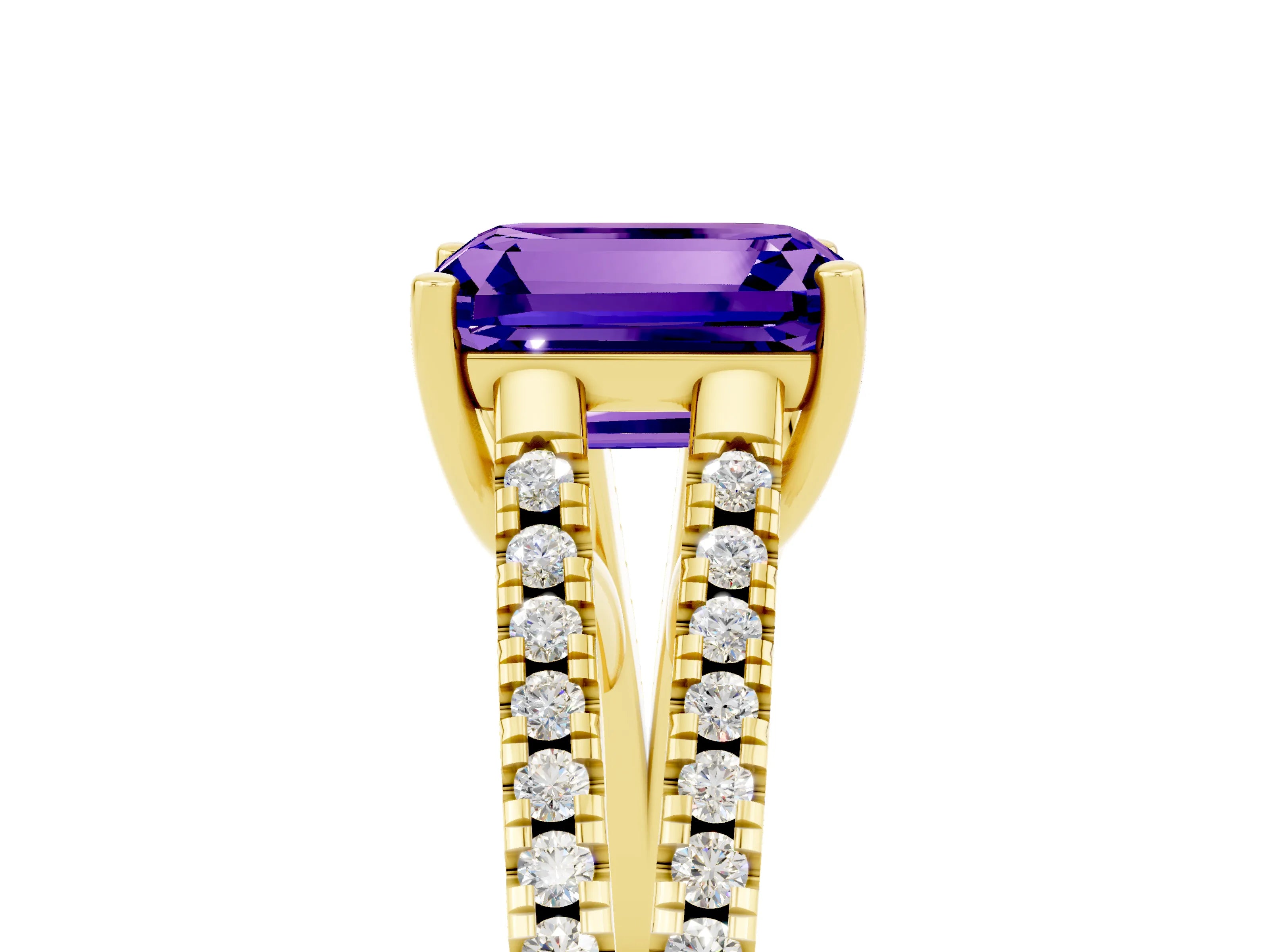 Yellow gold Emerald Cut Tanzanite Solitaire Engagement Ring with Split Shank Pavé Band_5