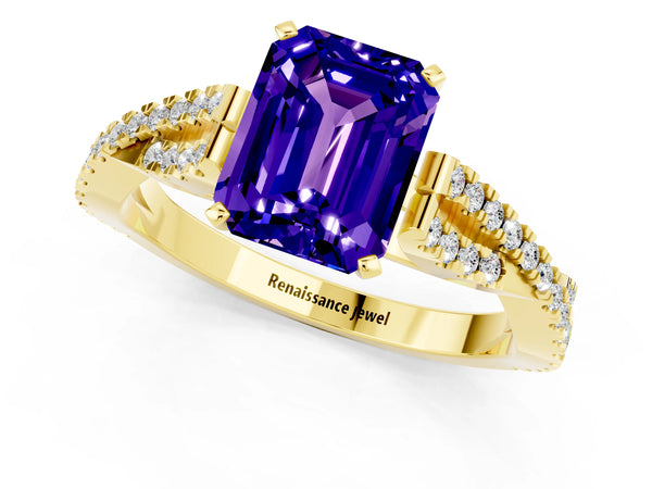 Yellow gold Emerald Cut Tanzanite Solitaire Engagement Ring with Twisted Pavé Band and Four-Prong Setting