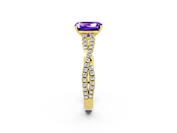 Yellow gold Emerald Cut Tanzanite Solitaire Engagement Ring with Twisted Pavé Band and Four-Prong Setting