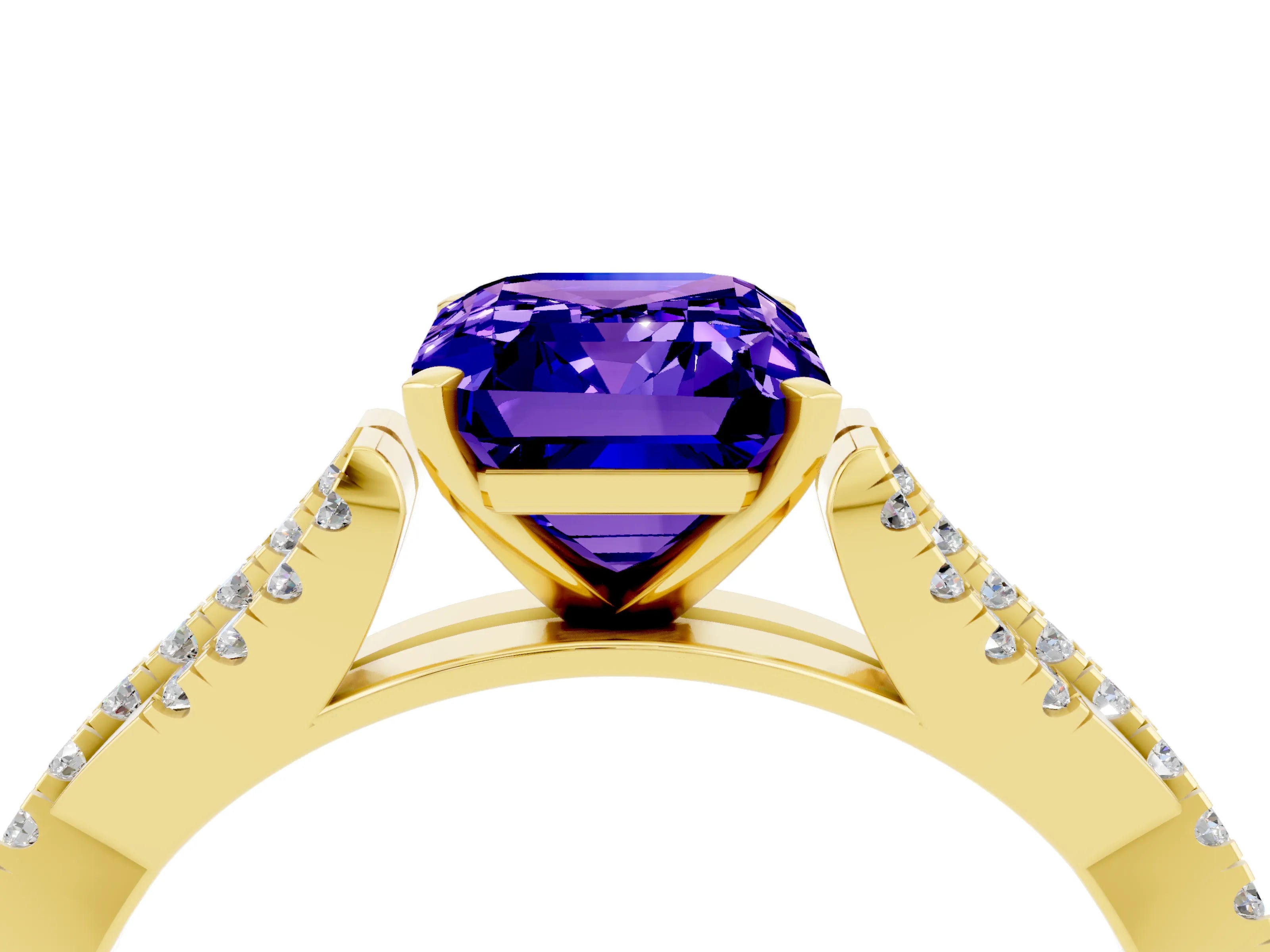 Yellow gold Emerald Cut Tanzanite Solitaire Engagement Ring with Twisted Pavé Band and Four-Prong Setting_4