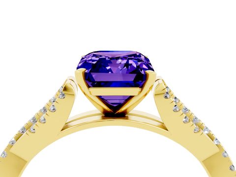 Yellow gold Emerald Cut Tanzanite Solitaire Engagement Ring with Twisted Pavé Band and Four-Prong Setting_4