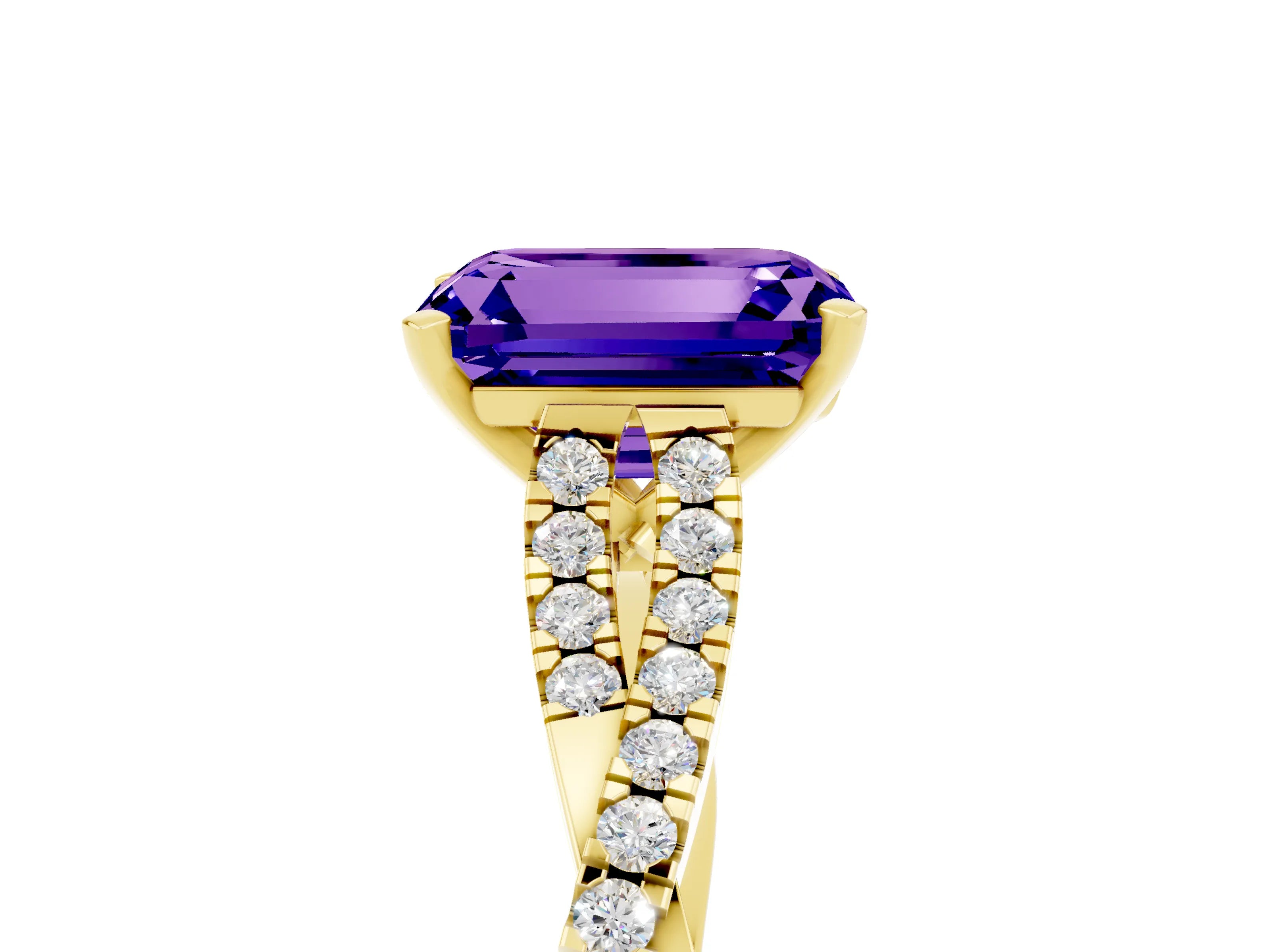 Yellow gold Emerald Cut Tanzanite Solitaire Engagement Ring with Twisted Pavé Band and Four-Prong Setting_5