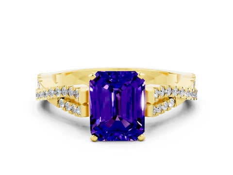 Yellow gold Emerald Cut Tanzanite Solitaire Engagement Ring with Twisted Pavé Band and Four-Prong Setting