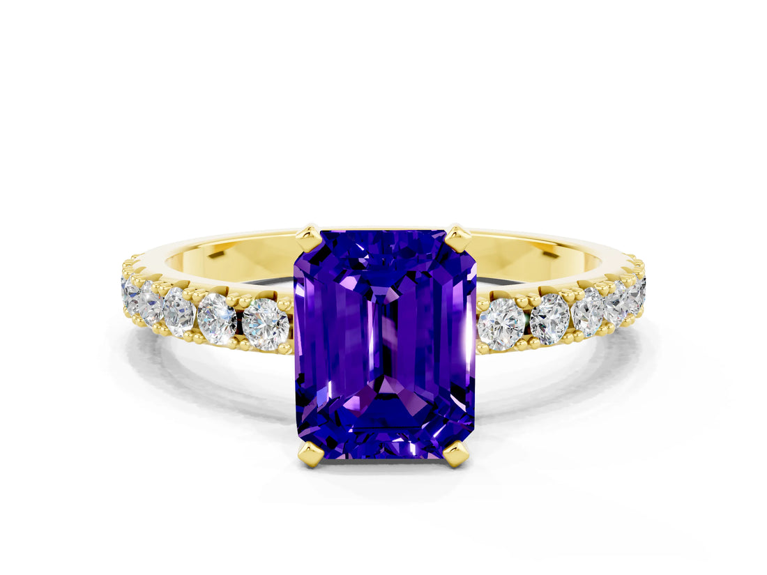 Yellow gold Emerald Cut Tanzanite Solitaire Pavé Band with Four-Prong Setting