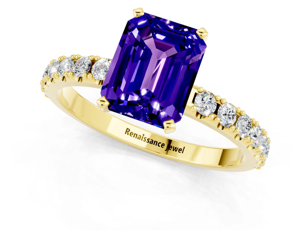 Yellow gold Emerald Cut Tanzanite Solitaire Pavé Band with Four-Prong Setting