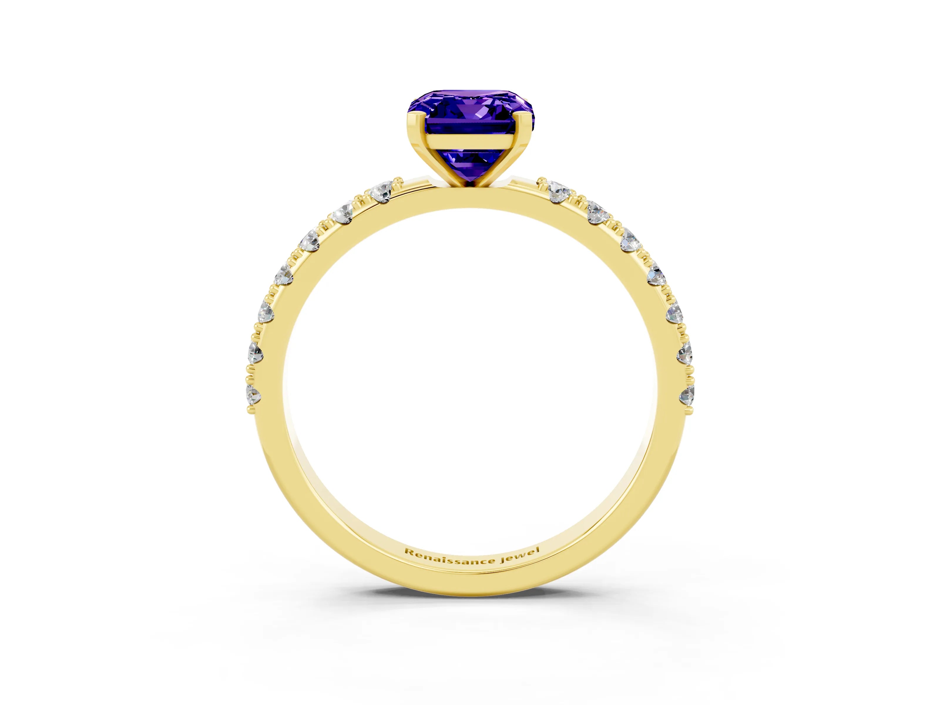 Yellow gold Emerald Cut Tanzanite Solitaire Pavé Band with Four-Prong Setting_3