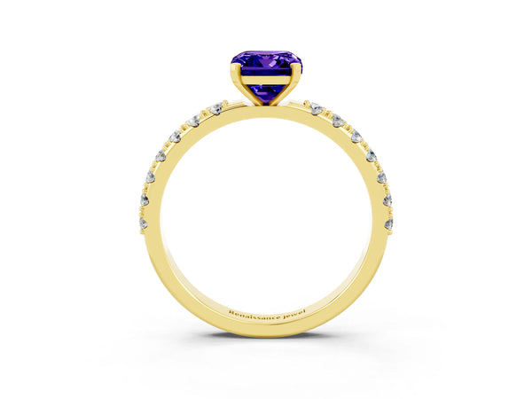Yellow gold Emerald Cut Tanzanite Solitaire Pavé Band with Four-Prong Setting